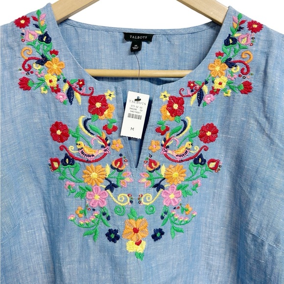 Talbots Embroidered Linen Blend Pop Over Chambray Blouse Medium NWT - Picture 3 of 8